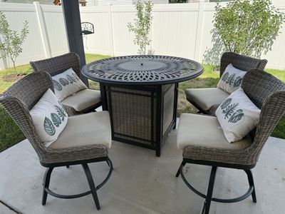 Home Decorators Collection patio bar-height dining set. Fire pit table.
