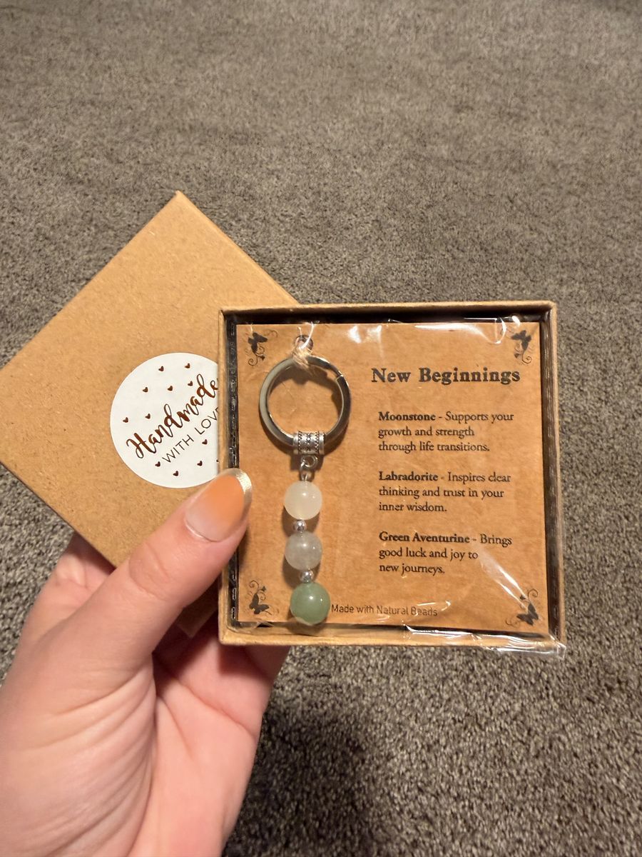 Handmade "New Beginnings" Natural Bead Keychain - Moonstone, Labradorite, Green Aventurine
