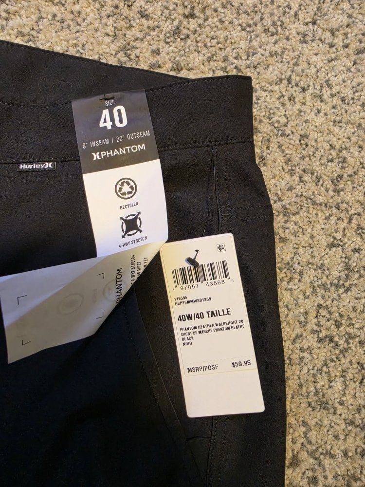 Hurley Phantom Heather Walkshort Size 40 Black Recycled 4-Way Stretch Shorts NWT