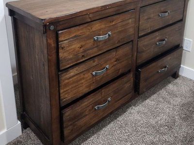 4-Piece Rustic Farmhouse Bedroom Set | RC Willey | Wide Dresser, Tall Chest, Nightstand & Mirror