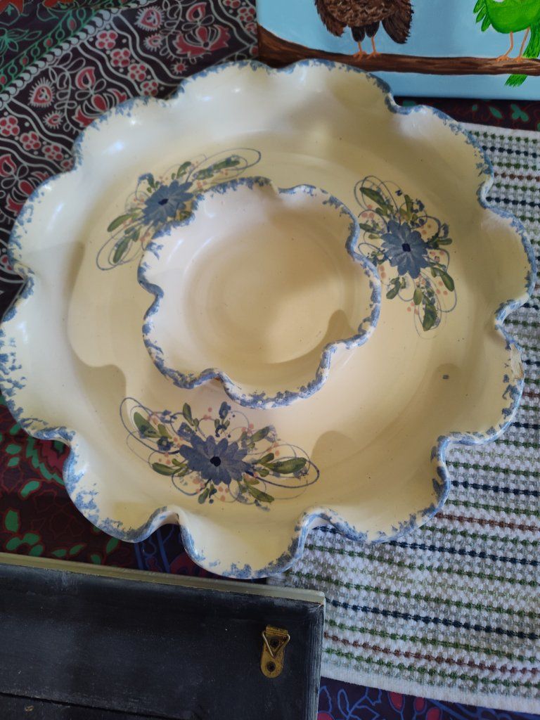 Hand-Painted vintage Ceramic pottery Chip and Dip Platter.