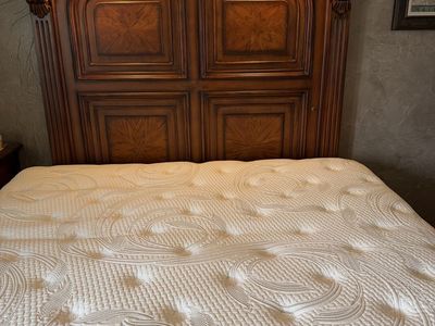 Ornate solid wood Queen size Bedroom Set with Bed Frame, Dresser with Mirror, Armoire and 1 night stand.