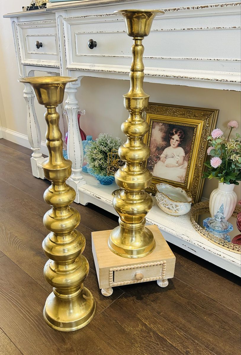 Set of 2 Vintage Oversized Brass Candle Holders 25”
