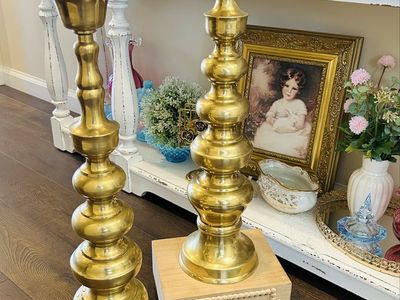 Set of 2 Vintage Oversized Brass Candle Holders 25”