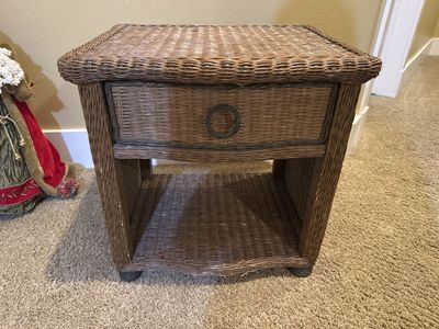 Brown Wicker Nightstand Side Table 22” x 18” x 26”with Drawer and Shelf - Used- green wax stain on back