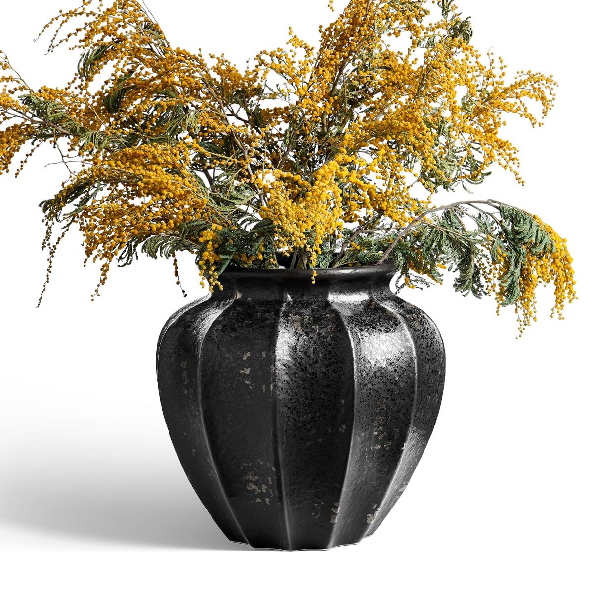 Black Ceramic Vase - 11" Tall Decorative Flower Holder with Textured Finish