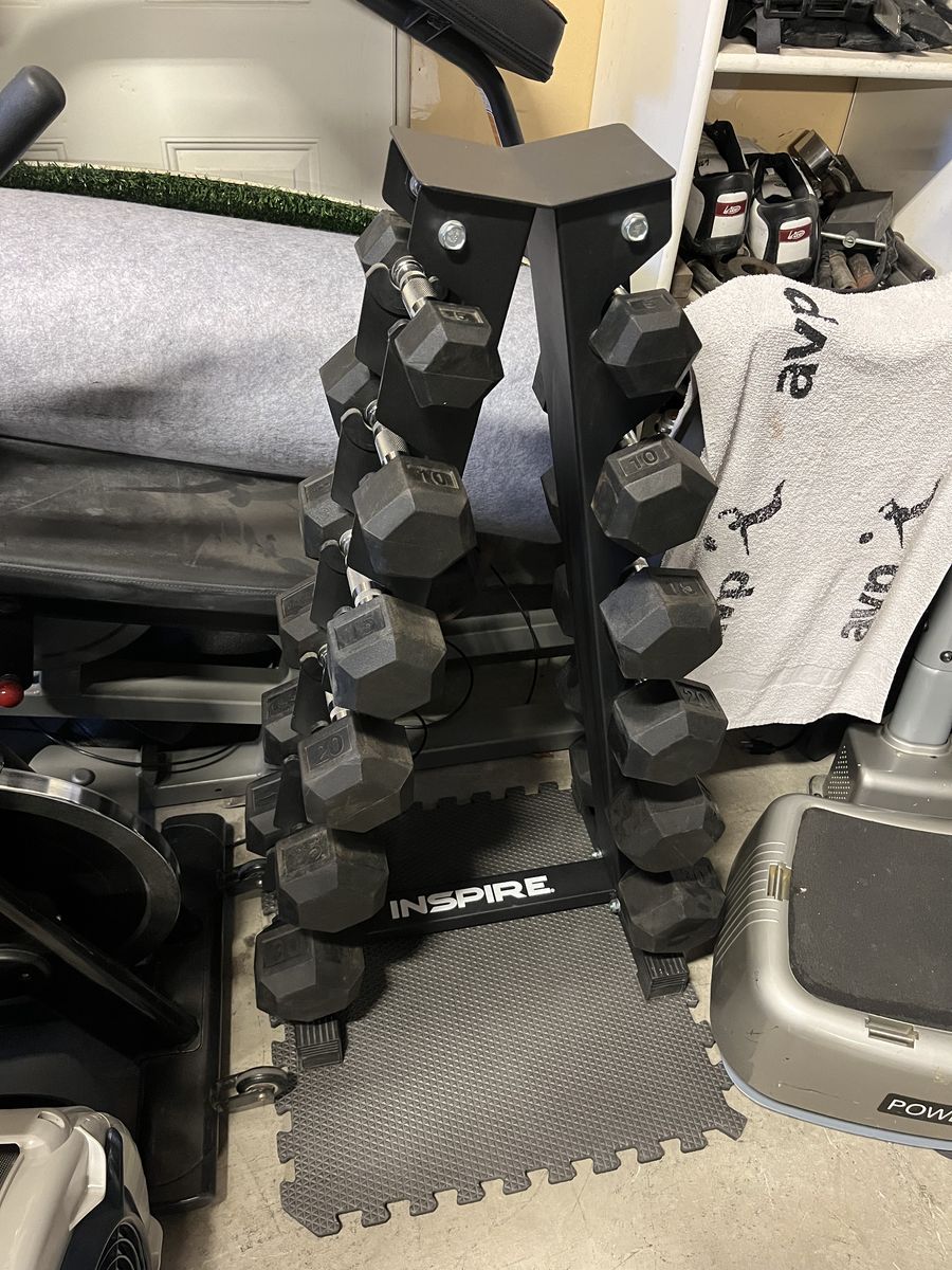 $550 INSPIRE Rubber Conan Dumbbell Set & Rack