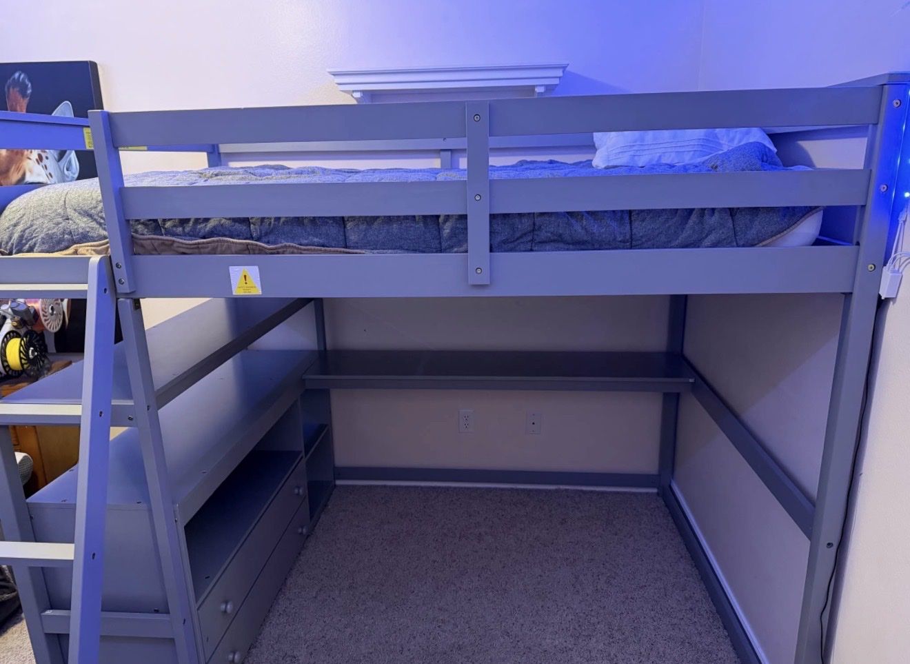 Space-Saving Grey Full Loft Bed with Desk, Storage Shelves & Drawers - Perfect for Small Rooms