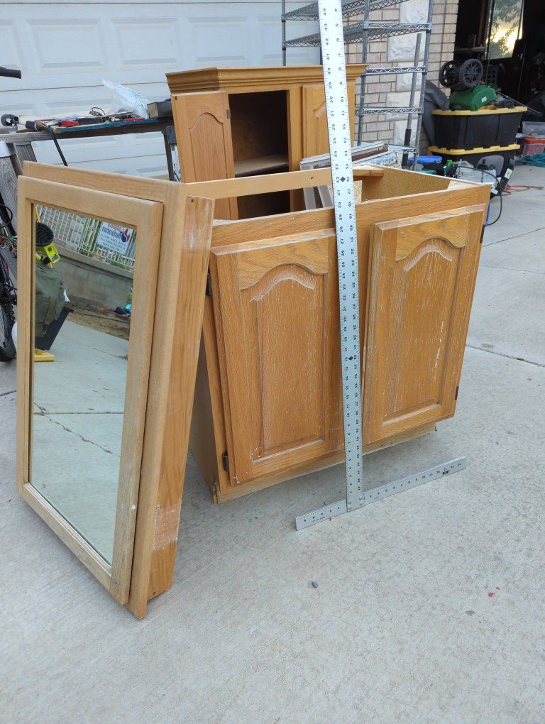 Used Oak Wood Bathroom Vanity Cabinet & Wall Cabinet with Mirror