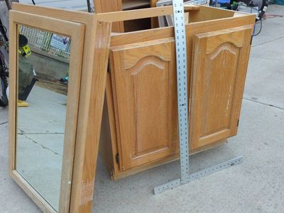 Used Oak Wood Bathroom Vanity Cabinet & Wall Cabinet with Mirror