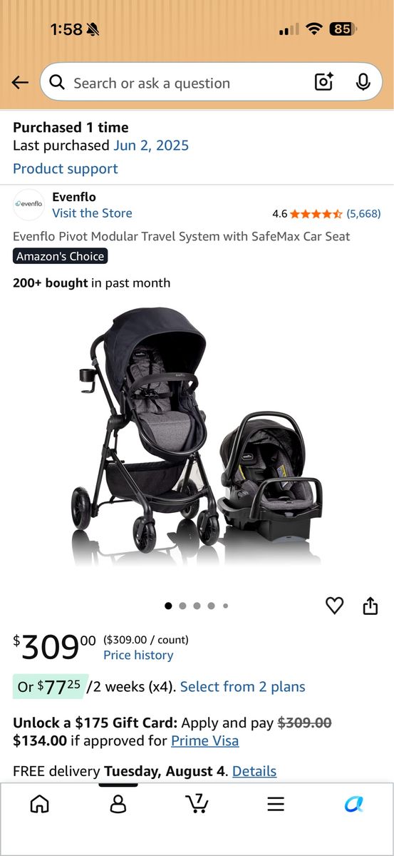 Evenflo Pivot Modular Travel System with SafeMax Infant Car Seat - Black, UsedGood