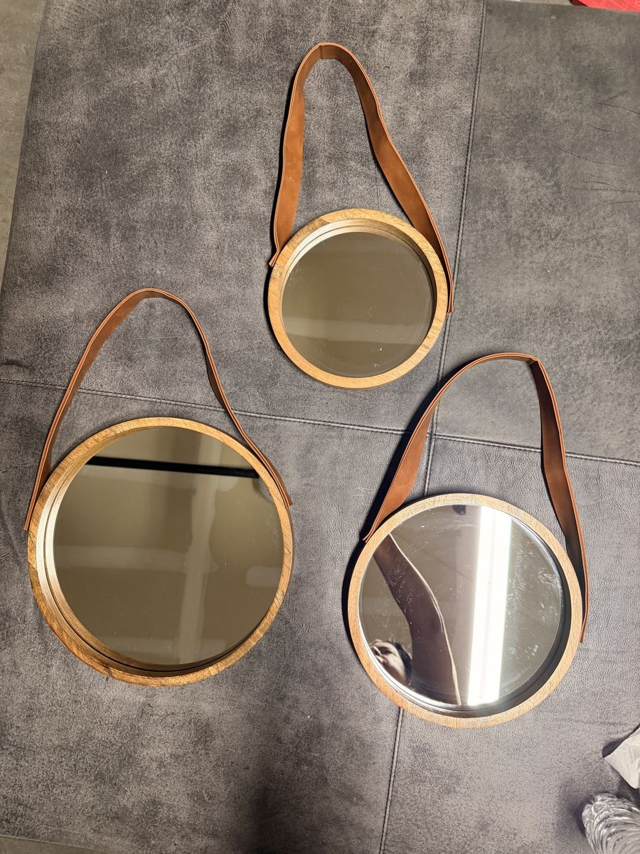 Set of 3 Round Wood Wall Mirrors with Faux Leather Hanging Straps