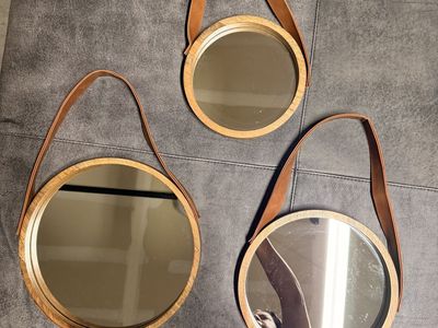 Set of 3 Round Wood Wall Mirrors with Faux Leather Hanging Straps
