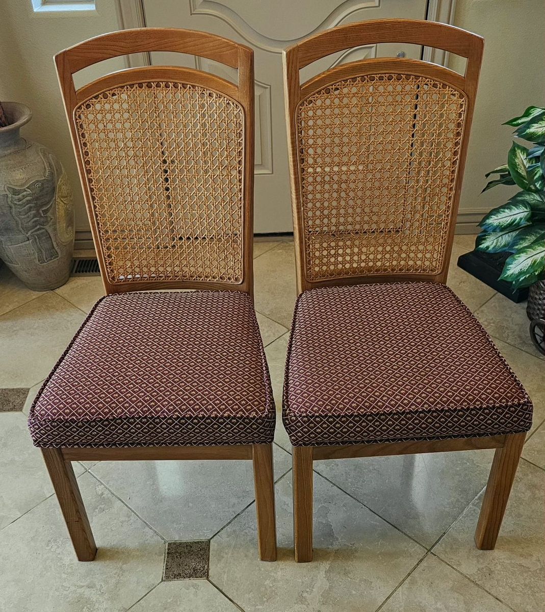 Pair of Vintage Wood & Cane Dining Chairs with Upholstered Seats - Like New!