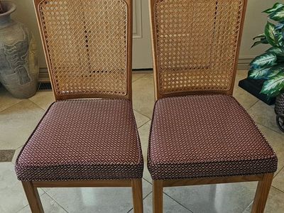 Pair of Vintage Wood & Cane Dining Chairs with Upholstered Seats - Like New!