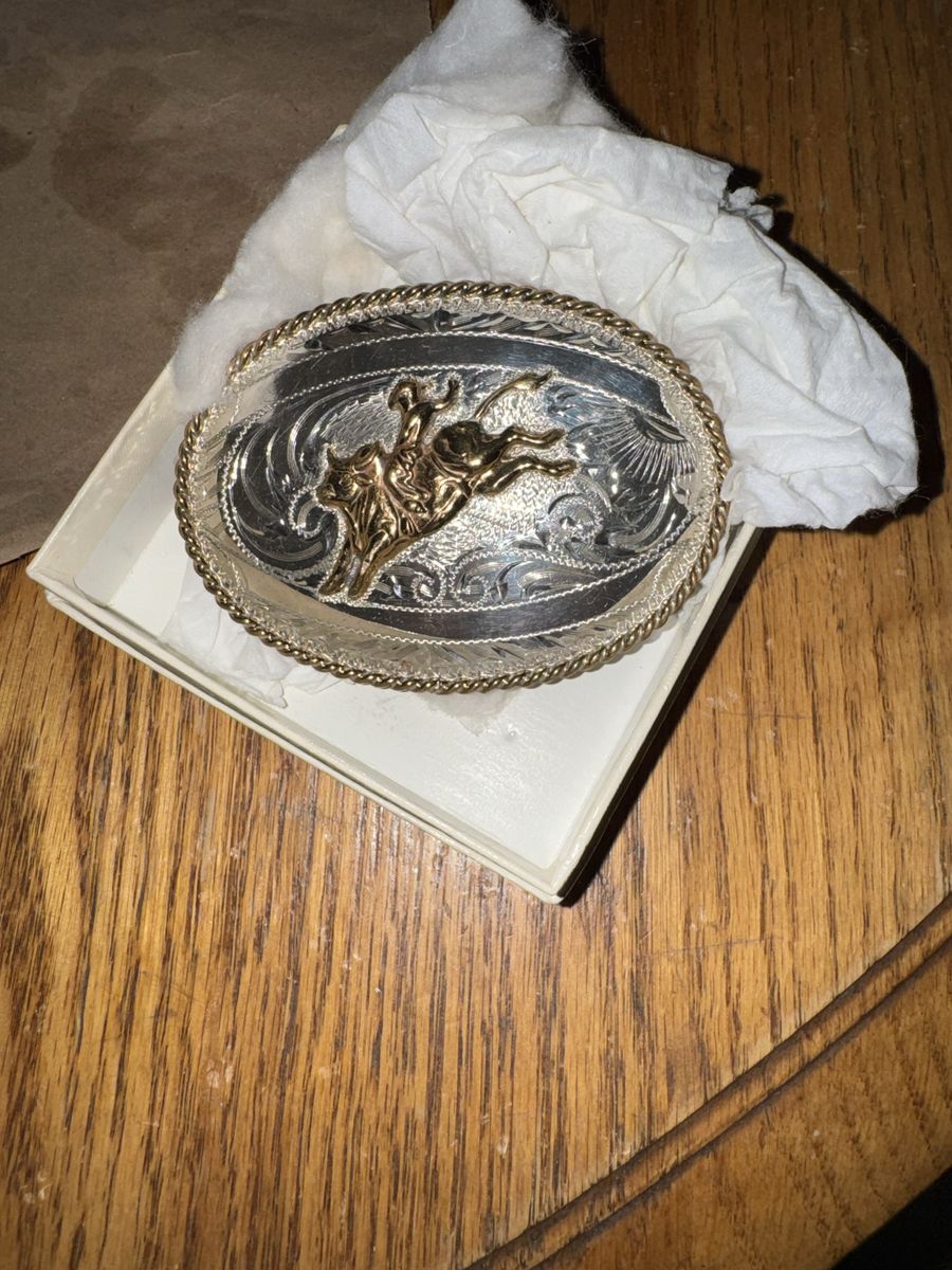 Vintage Western Bull Rider Belt Buckle Hand Engraved Silver & Gold