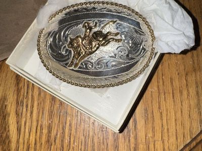 Vintage Western Bull Rider Belt Buckle Hand Engraved Silver & Gold