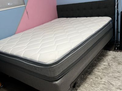 Bed Frame with Headboard, Queen Size (Mattress practically new) and Box Spring