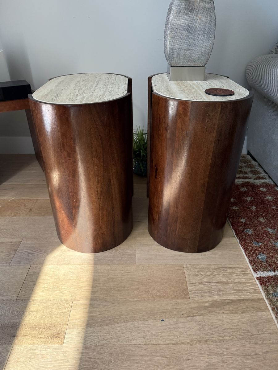 Pair of Mid-Century Modern Wood & Travertine End Tables - Unique Curved Design