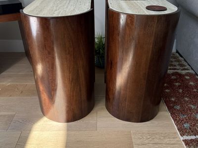 Pair of Mid-Century Modern Wood & Travertine End Tables - Unique Curved Design