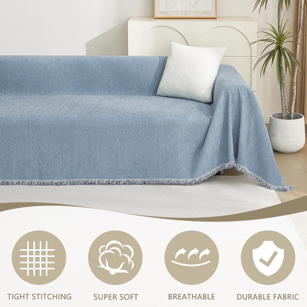 Large Blue Cotton Couch Throw Blanket - Super Soft & Breathable Durable Fabric for Pet & Furniture Protection