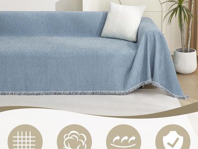 Large Blue Cotton Couch Throw Blanket - Super Soft & Breathable Durable Fabric for Pet & Furniture Protection