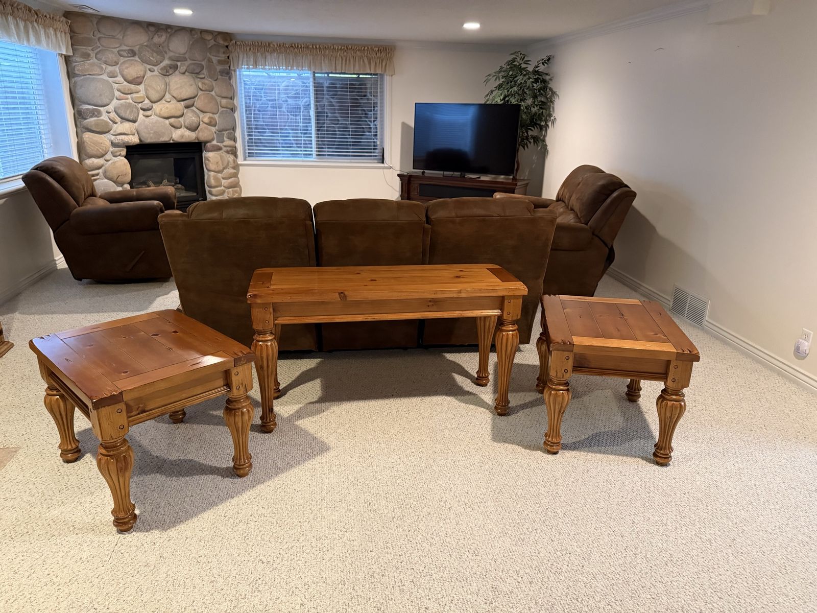 Rustic Pine Wood Sofa & End Tables Set - 3 Piece Living Room Furniture - Console Table & 2 Side Tables