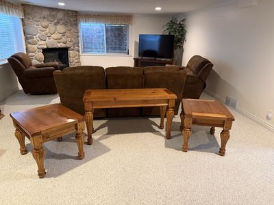 Rustic Pine Wood Sofa & End Tables Set - 3 Piece Living Room Furniture - Console Table & 2 Side Tables