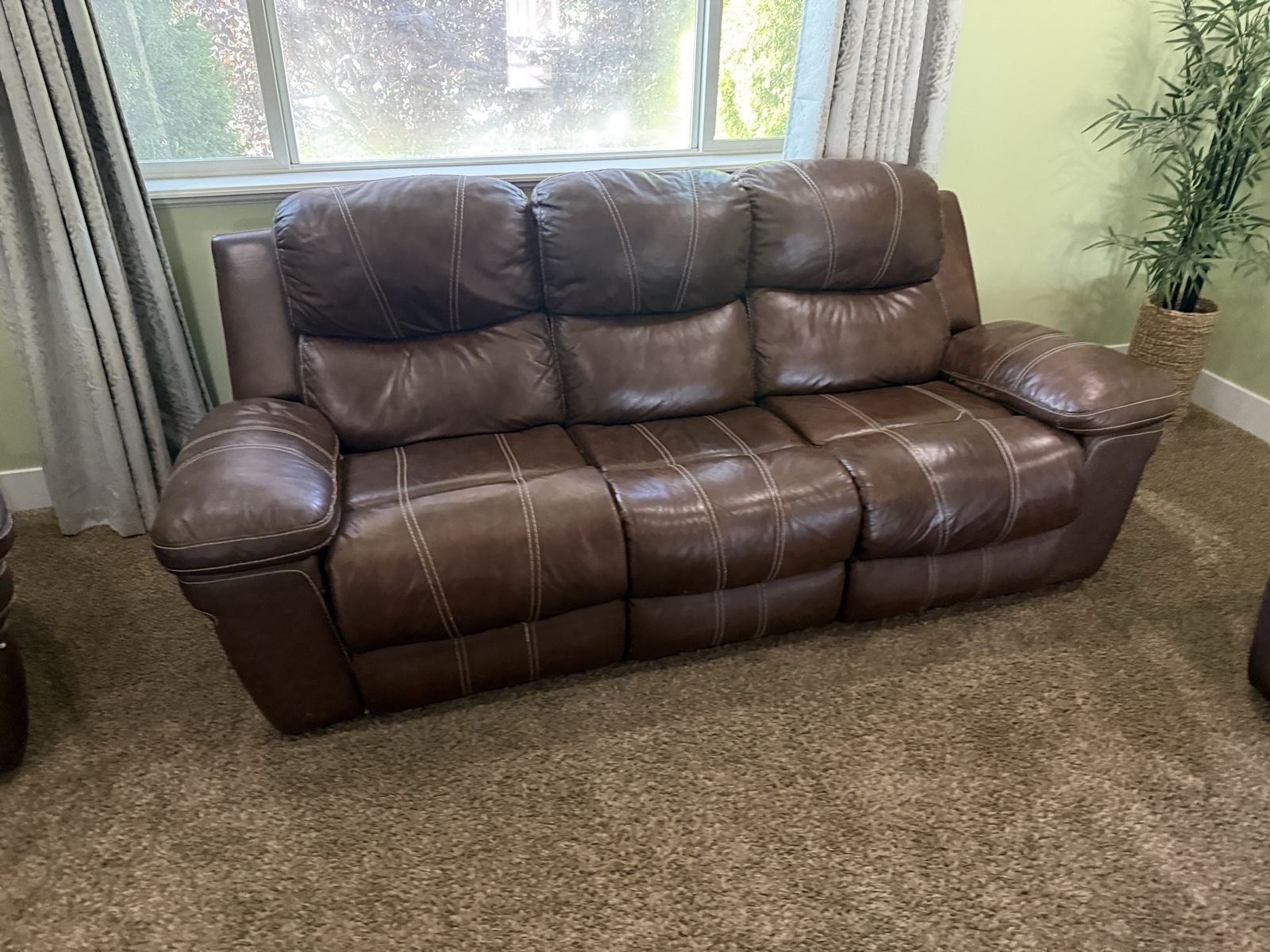 Brown Leather Reclining Sofa and Loveseat Set with Console