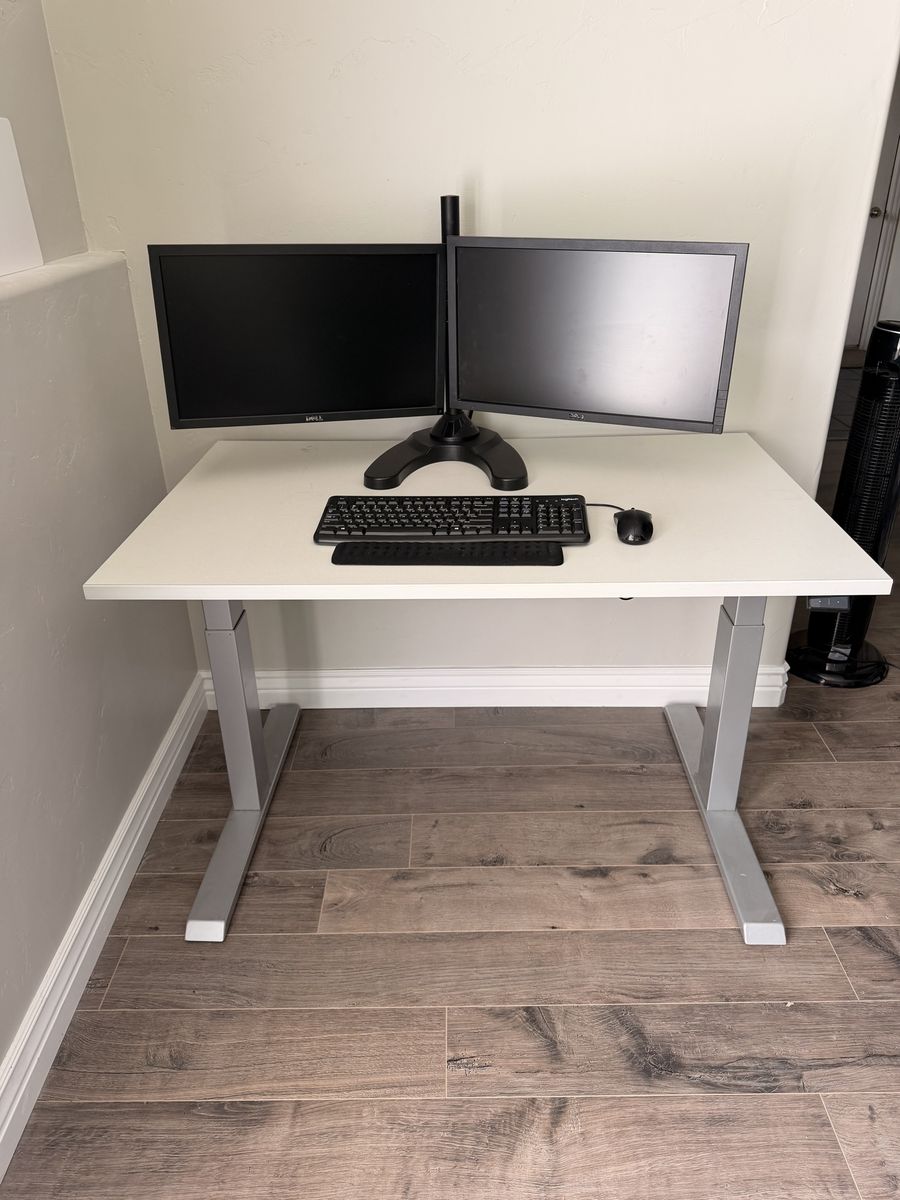 Electric sit stand desk, monitors and chair