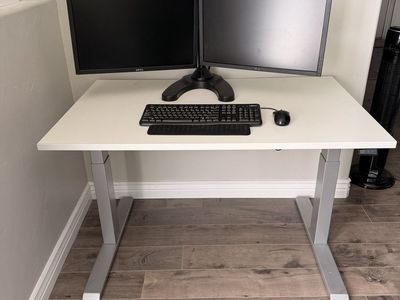 Electric sit stand desk, monitors and chair