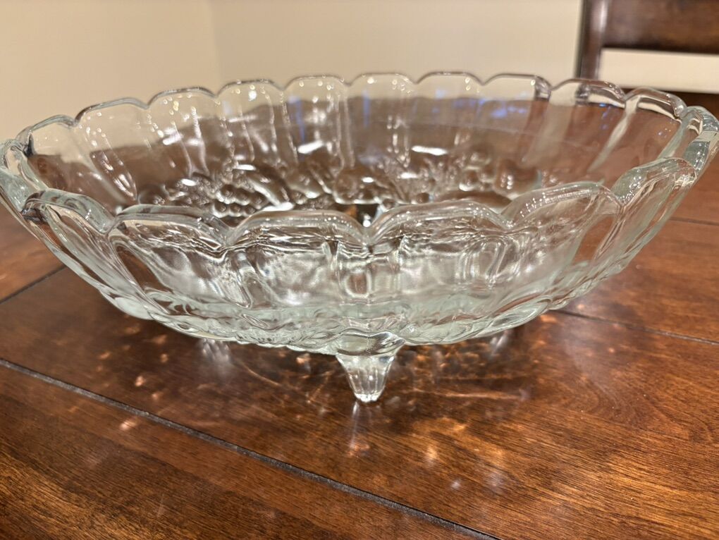 Heavy Oval Indiana Glass Footed Grapes Bowl