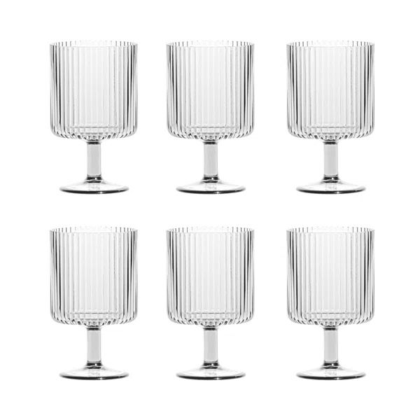 Set of 6 Clear Ribbed Plastic Wine Goblets - Reusable & Durable Drinkware