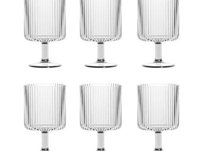 Set of 6 Clear Ribbed Plastic Wine Goblets - Reusable & Durable Drinkware