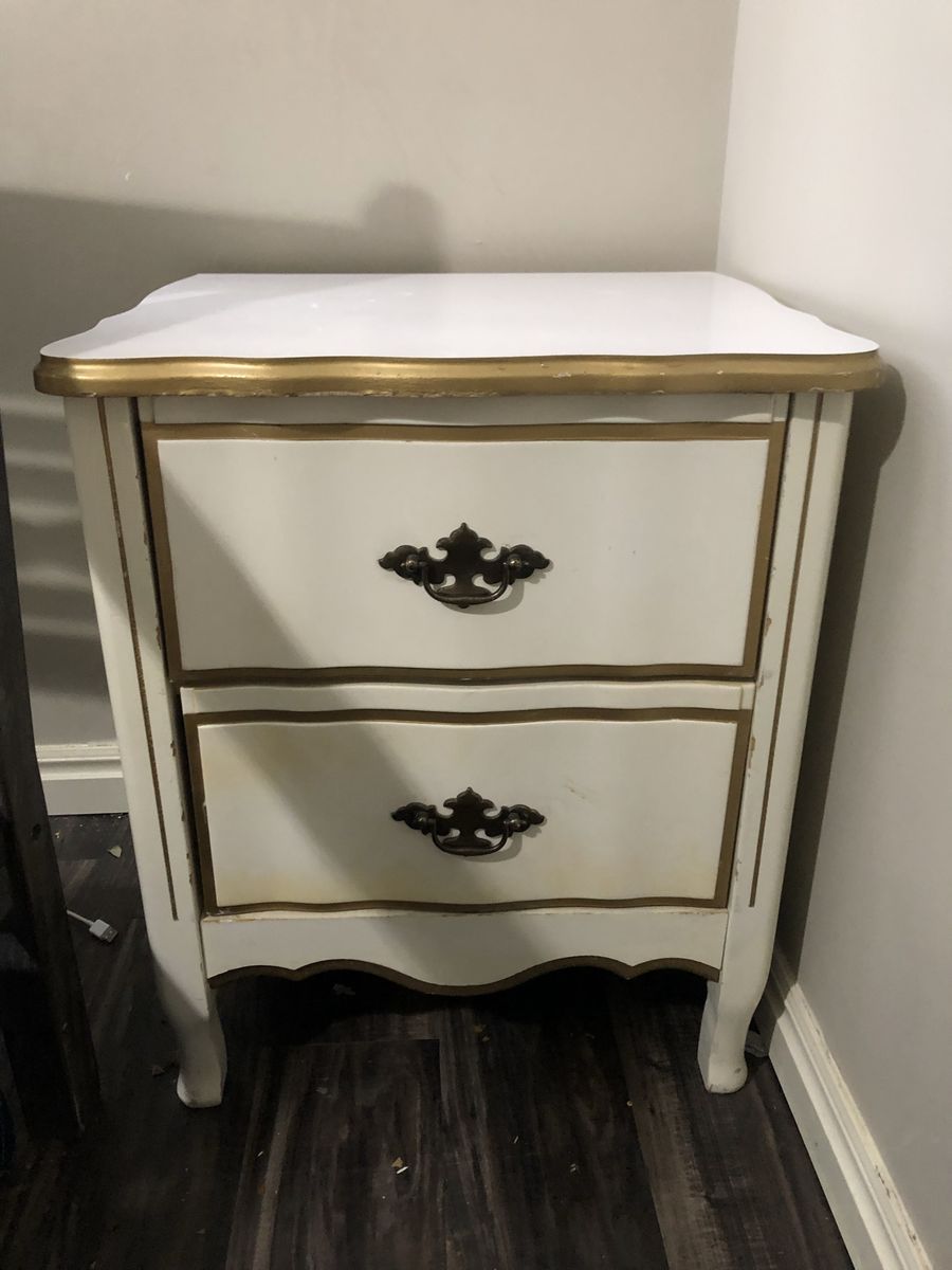Vintage French Provincial Style Nightstand & Chest of Drawers - White & Gold Accent Furniture Set