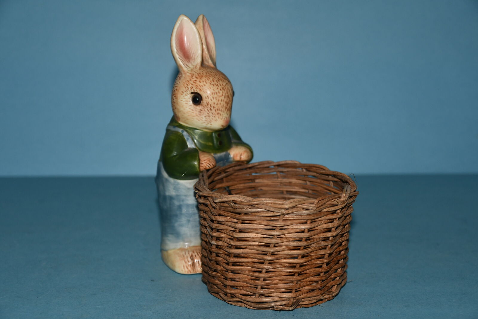 VINTAGE  BUNNY with BASKET ~ " PALMER"  MADE in JAPAN ~ HEIGHT 7" ~ BASKET DIAMETER 4" ~ CLEAN ~ NO CHIPS ~ $5