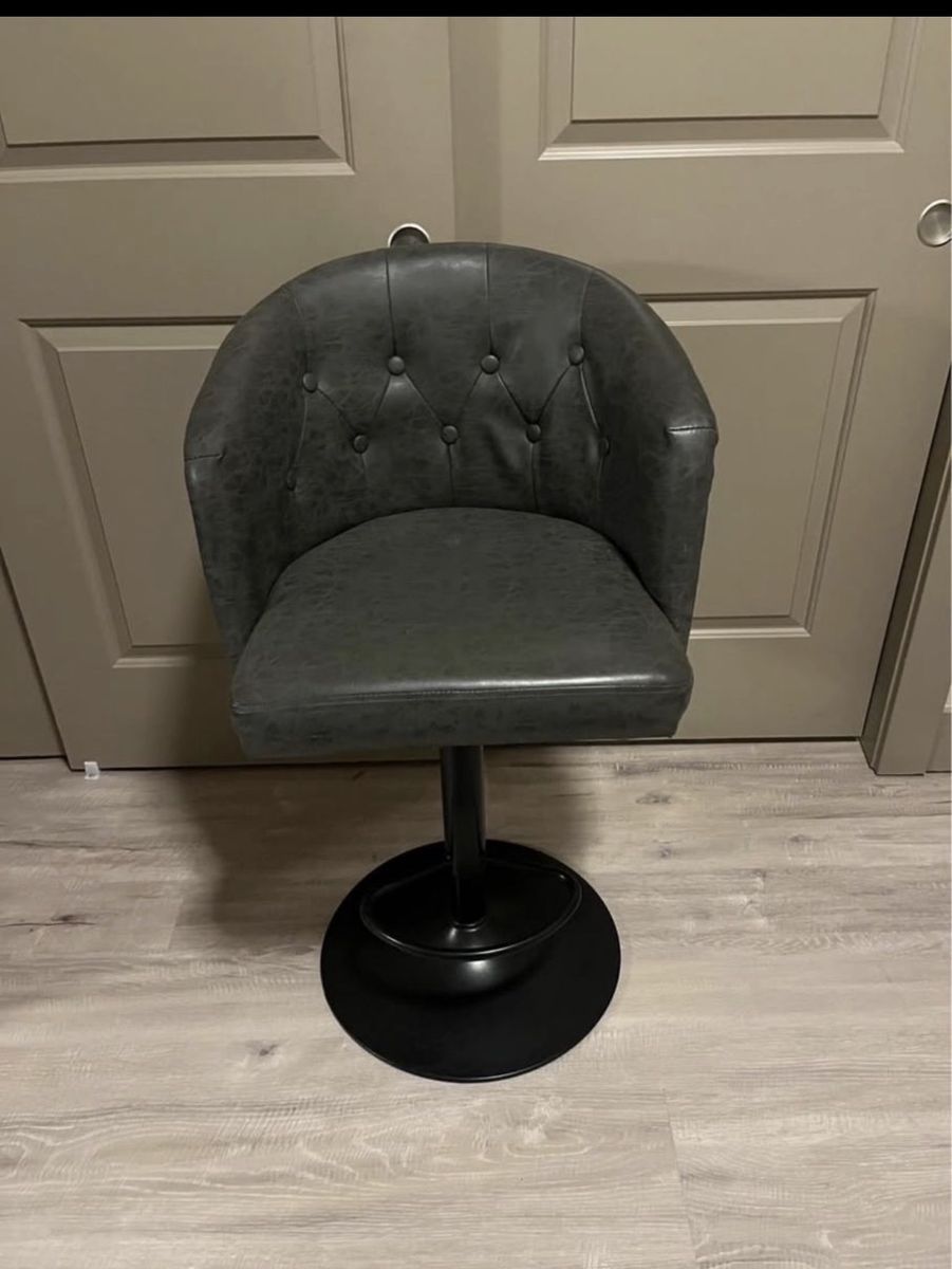 2 Modern Gray Faux Leather Adjustable Swivel Bar Stools with Tufted Back and Footrest