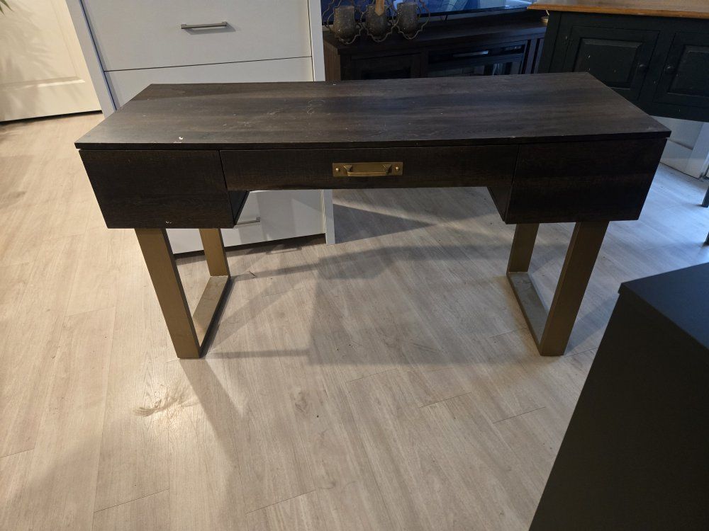 Dark Wood Writing Desk w/ Gold Legs & Single Drawer - Modern Minimalist Style