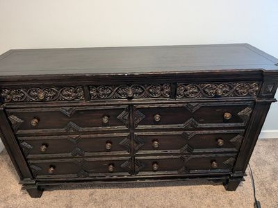 Beautiful Dark Wood Dresser and Mirror with Ornate Carvings and 9 Drawers