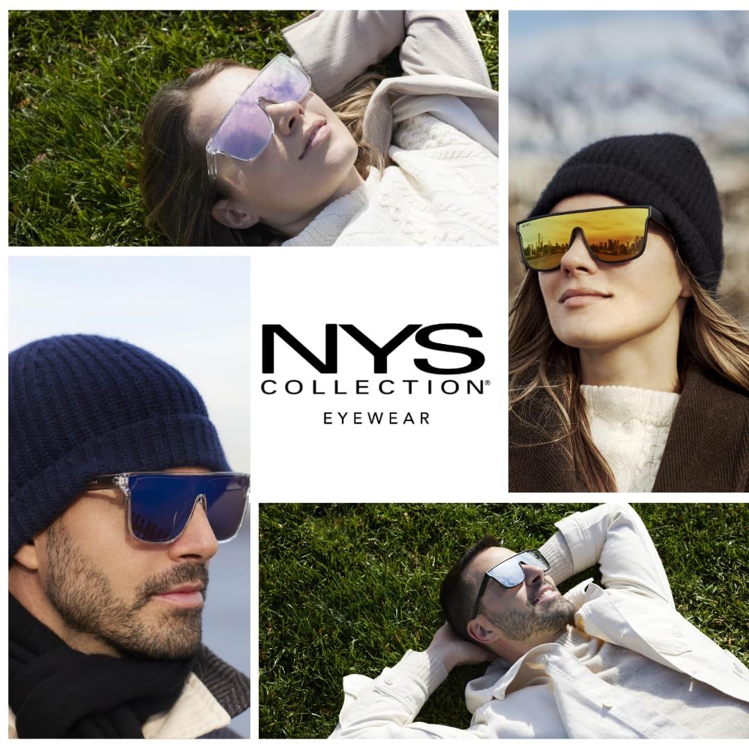 New! NYS Collection Oversized Shield Sunglasses Clear Frame Silver Mirrored Lens