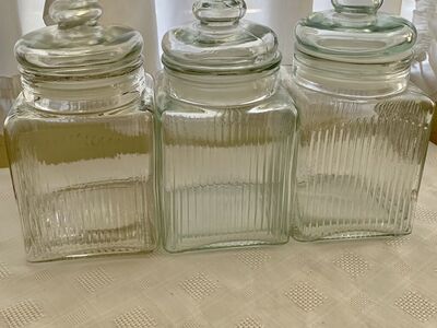 Three Ribbed Square Glass Jars wSealing Glass Tops