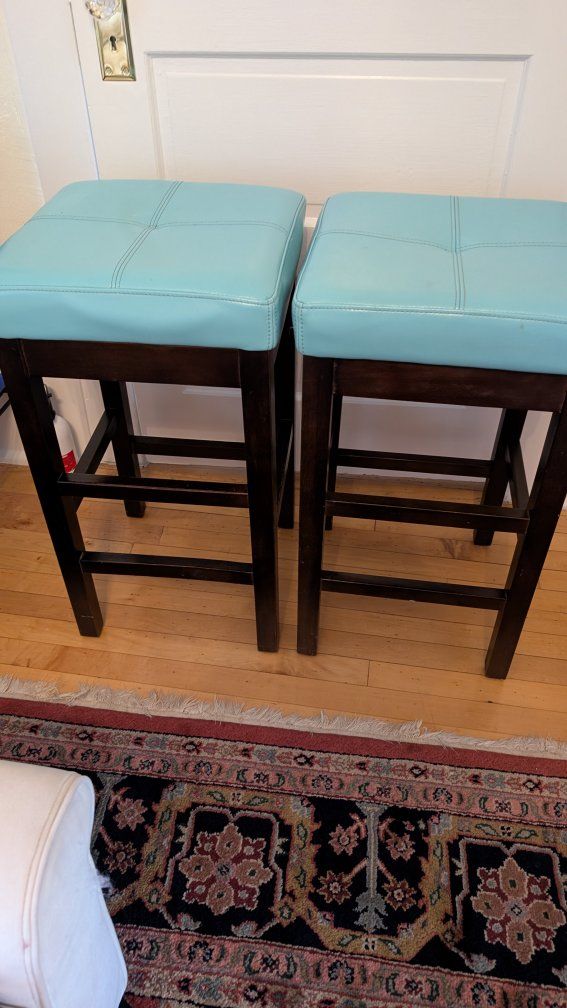 Set of 2 Turquoise Leather Bar Stools with Dark Wood Legs