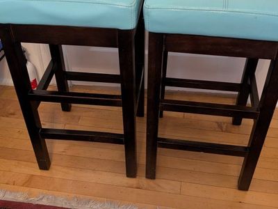 Set of 2 Turquoise Leather Bar Stools with Dark Wood Legs