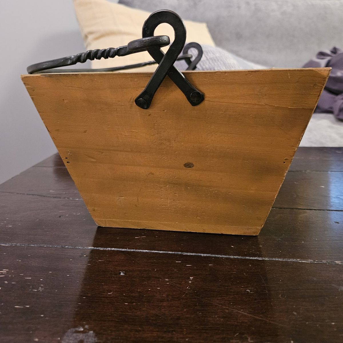 Mustard yellow wood basket ect. black iron handle