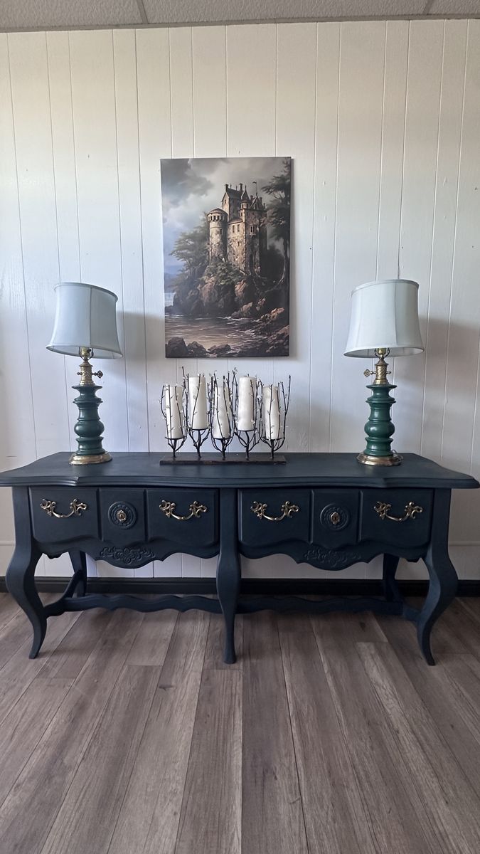 Ornate Black Console Table with Gold Hardware - Vintage Style Entryway/Sofa Table
