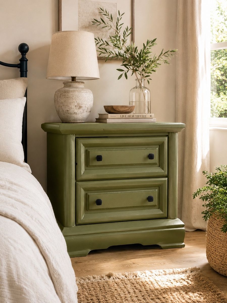 Refinished Olive Green Nightstand / End Table  !