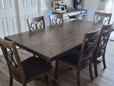 Rustic Solid Wood Dining Table Set (6 Chairs) – Great Condition! OBO