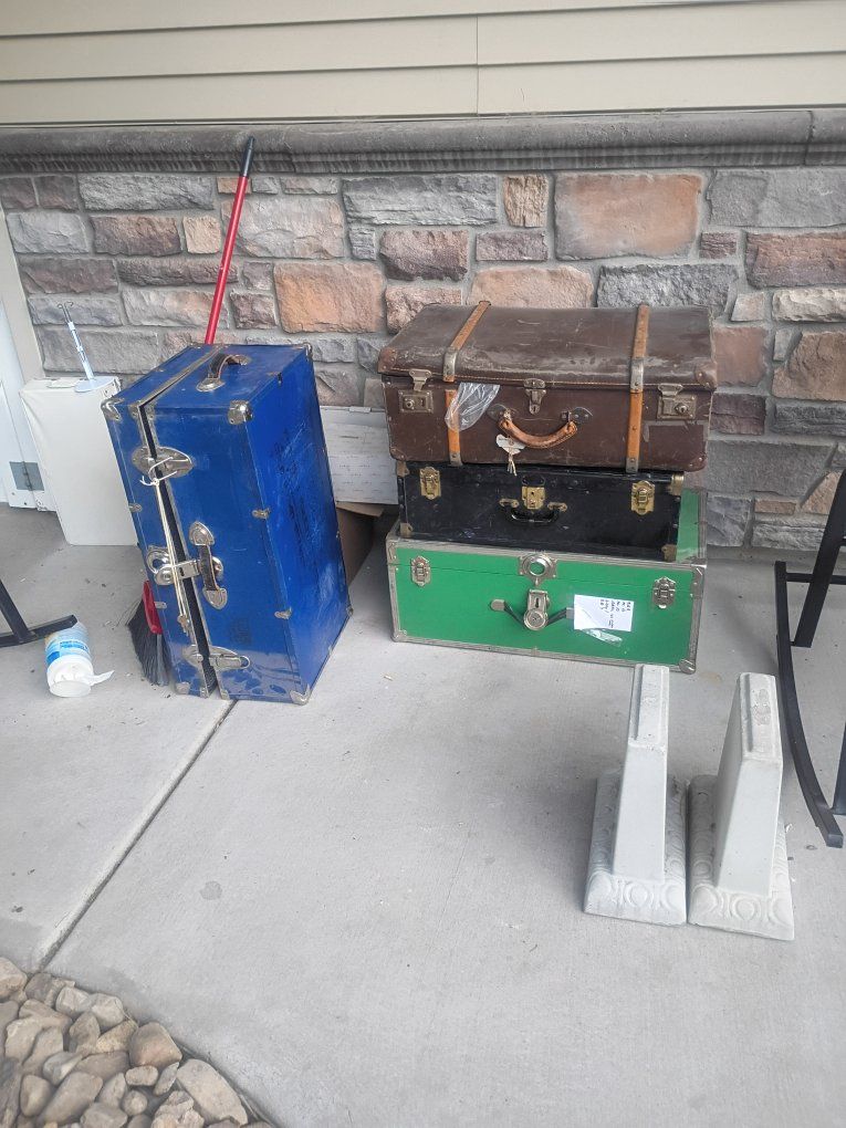 Vintage Steamer Trunks- 7 Piece Assorted Colors, Large Storage Chests, Industrial Decor