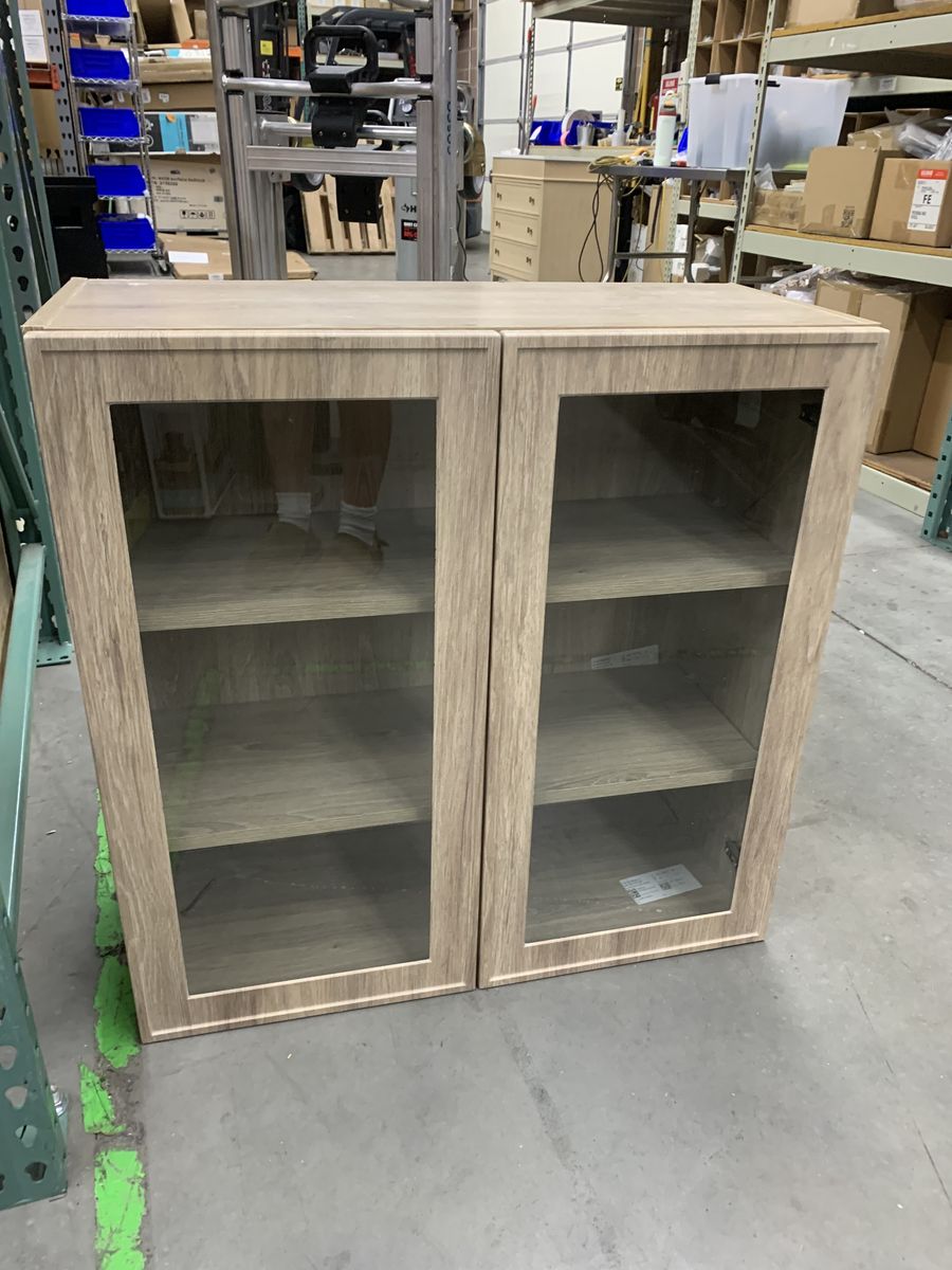 Hampton Bay Designer Series Renly 30 in. W x 12 in. D x 30 in. H Slim Shaker Glass Door Wall Cabinet in Sandstone