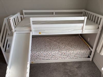 Twin bunk bed and mattresses